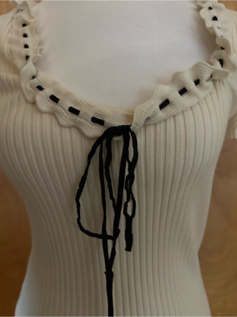 Astr Cream Ribbed Knit Sweatshirt with Black Tie Detail